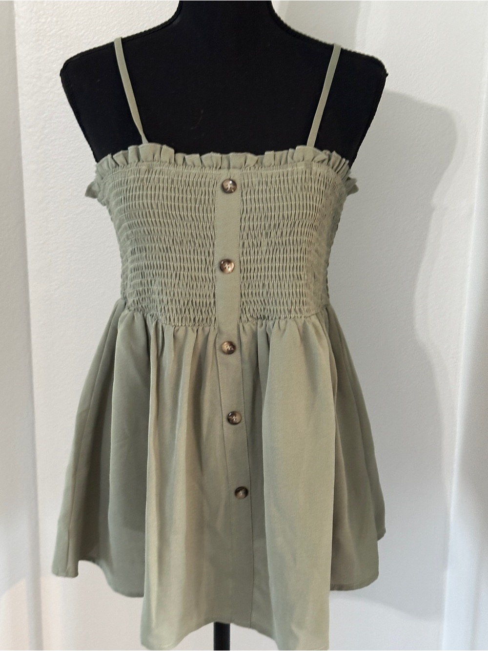 Maternity: Smocked Button-Front Spaghetti Strap Top - Sage